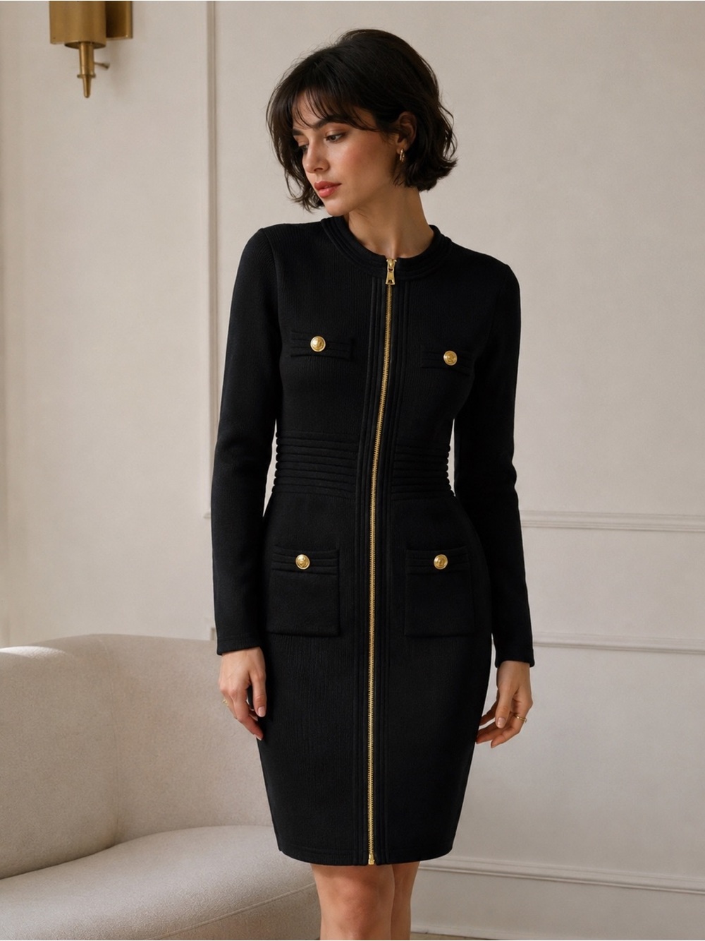 Black Zip-Front Midi Dress with Gold Buttons